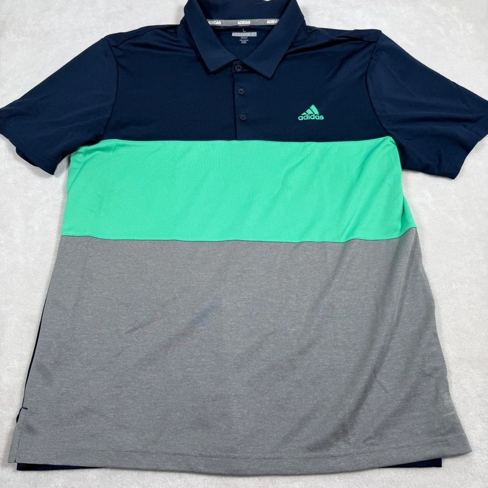 Adidas Golf Mens Large Colorblock Polo Shirt Navy‎ Blue Mint Green Grey D73122